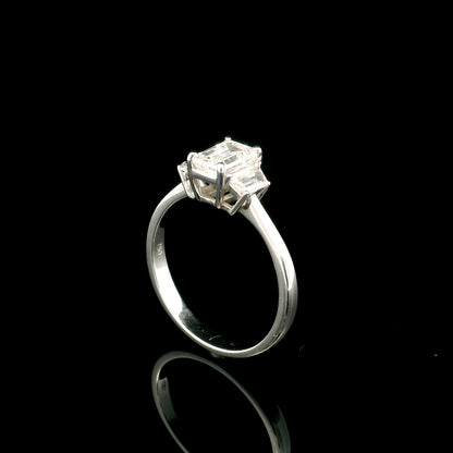 Emerald Cut Three Stone Diamond Engagement Ring in 18K White Gold