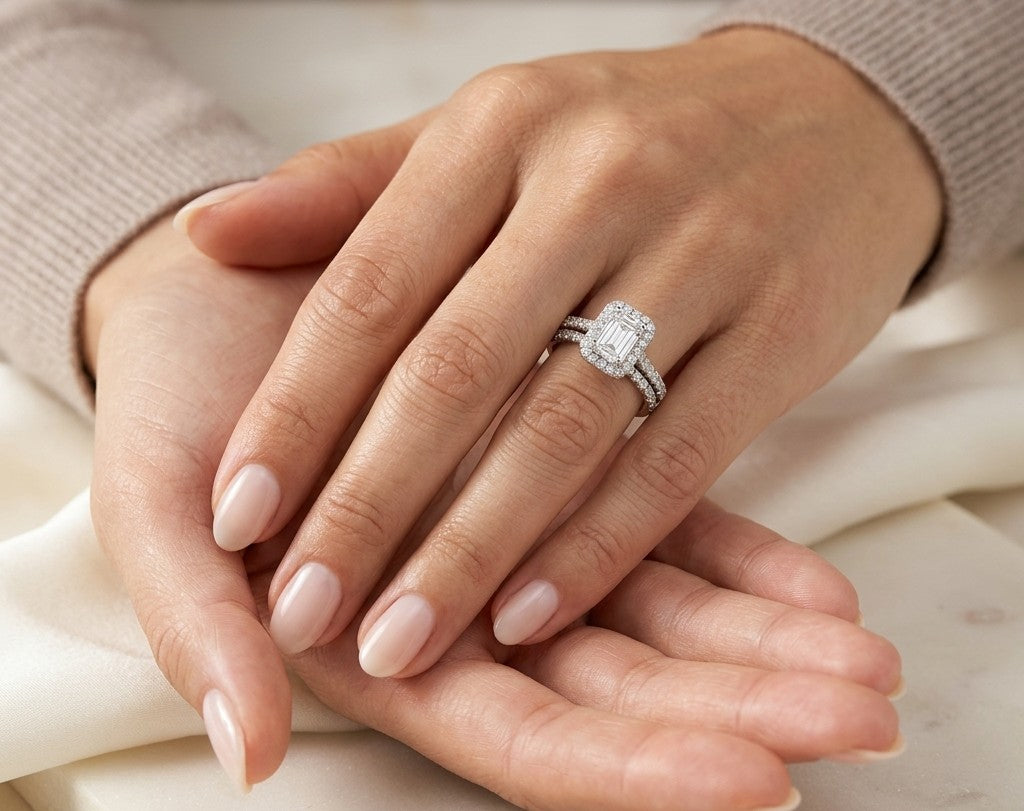 Emerald cut diamond halo bridal set in 18K white gold with a diamond engagement ring and matching wedding band.