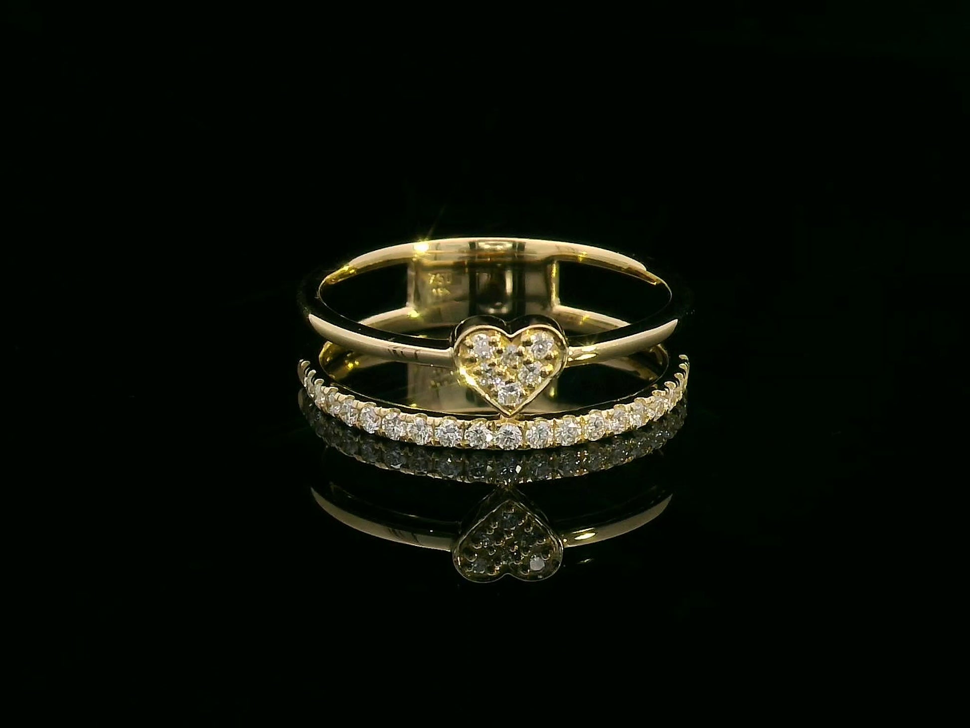 18K Yellow Gold Heart Ring with Double Band Design and 0.27 Carat Diamond Accents