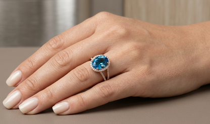 Swiss Blue Topaz Diamond Halo Ring in 18K Rose Gold