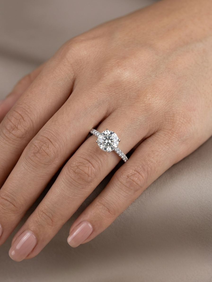 18K white gold round diamond engagement ring featuring a 1.86 carat IGI certified natural diamond with a 0.31 carat diamond pavé band.