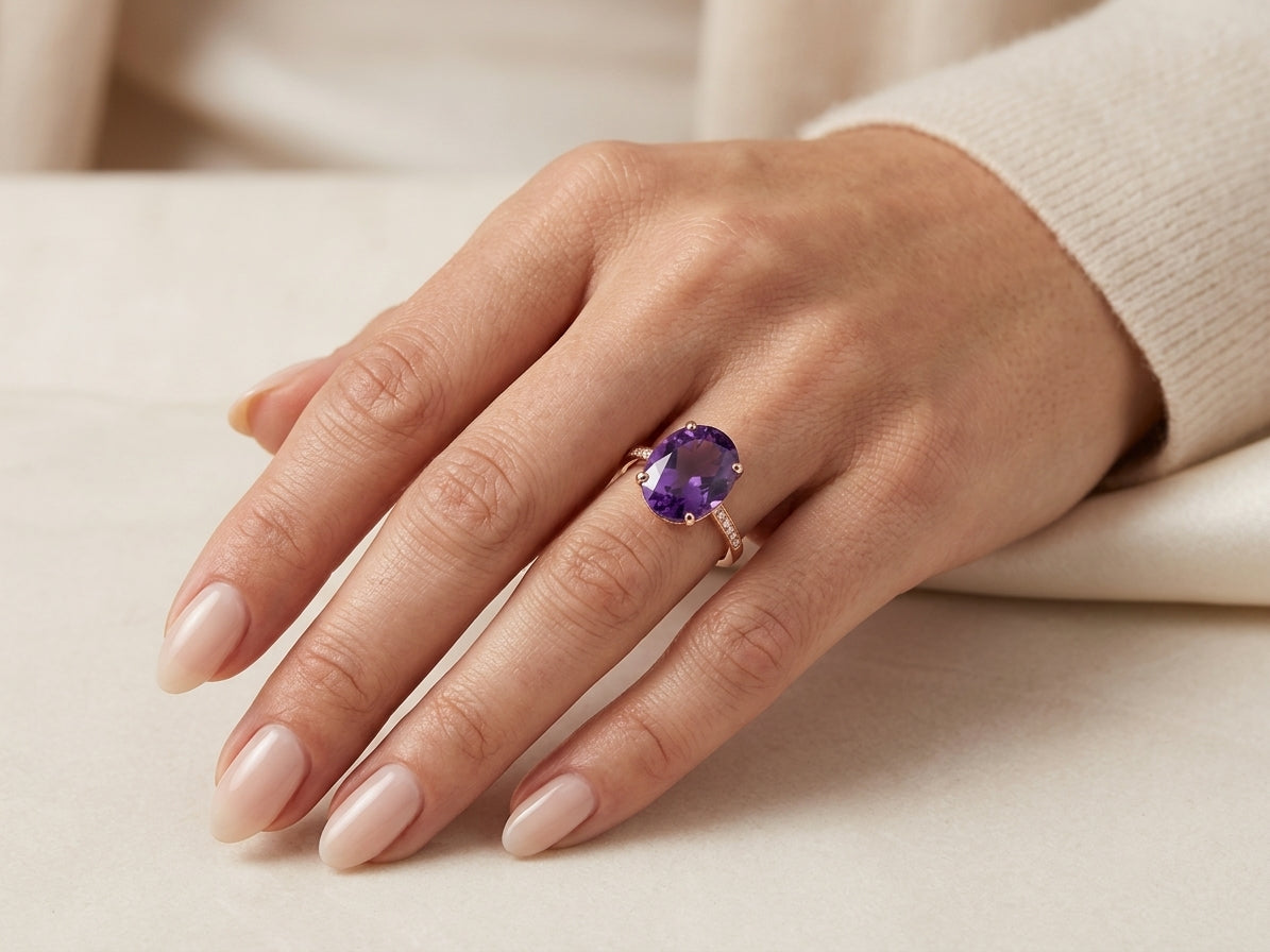 Amethyst and diamond ring in 18K rose gold featuring a large oval purple amethyst with delicate round diamond-set shoulders.