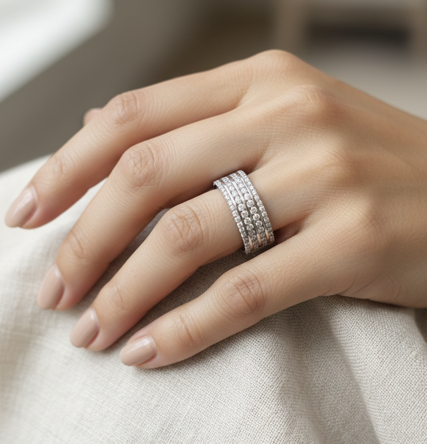 18K white gold diamond band ring featuring 1.40 carats of diamonds in a multi-row statement design by Emirates Diamonds