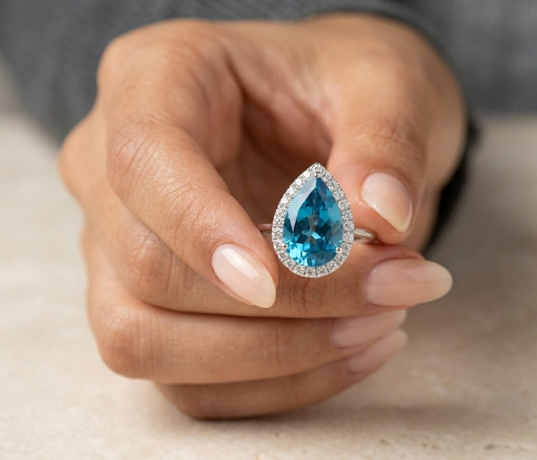 London Blue Topaz Pear Shape Halo Ring in 18K White Gold