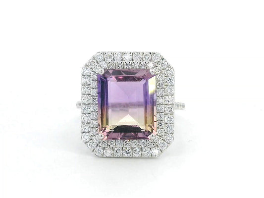 18K White Gold Ametrine and Diamond Cocktail Ring with double halo – 5.38 carat ametrine center and 0.89 carat diamonds
