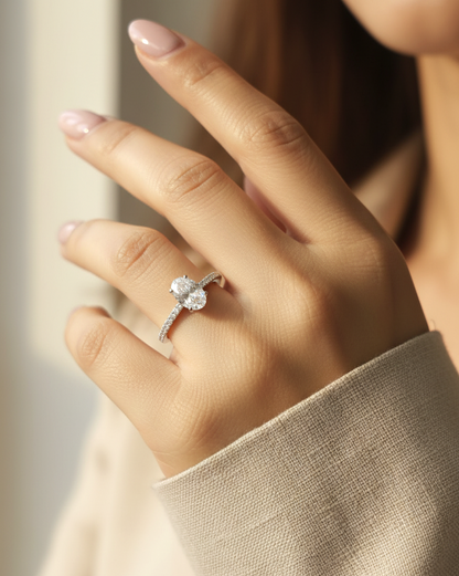 Oval-cut diamond engagement ring in 18K white gold with IGI-certified 1.01ct center diamond and pavé diamond band – Emirates Diamonds