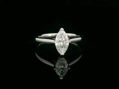 18K white gold solitaire engagement ring with 1.01 carat marquise diamond, D color, IGI certified