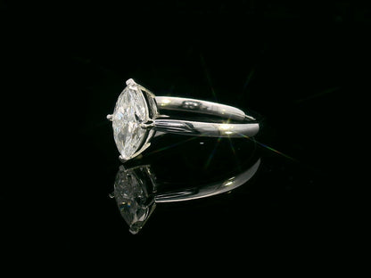 18K white gold solitaire engagement ring with 1.01 carat marquise diamond, D color, IGI certified