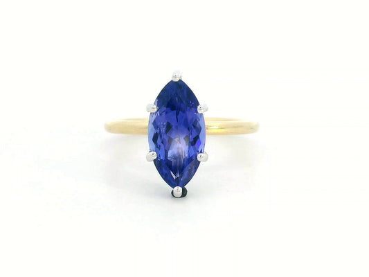 3.56 Carat Marquise Tanzanite Ring in 18K Yellow Gold with Hidden Diamond Halo