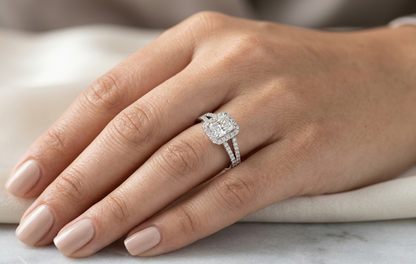 18K white gold radiant cut diamond halo engagement ring featuring a 0.90 carat IGI certified natural diamond with a split shank diamond band.