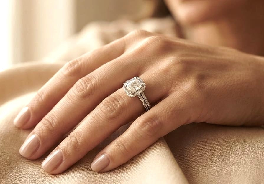 18K white gold radiant cut diamond bridal set featuring a 1.50 carat GIA certified D VS2 natural diamond with a diamond halo and matching diamond wedding band totaling 0.67 carat.