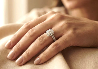 18K white gold radiant cut diamond bridal set featuring a 1.50 carat GIA certified D VS2 natural diamond with a diamond halo and matching diamond wedding band totaling 0.67 carat.