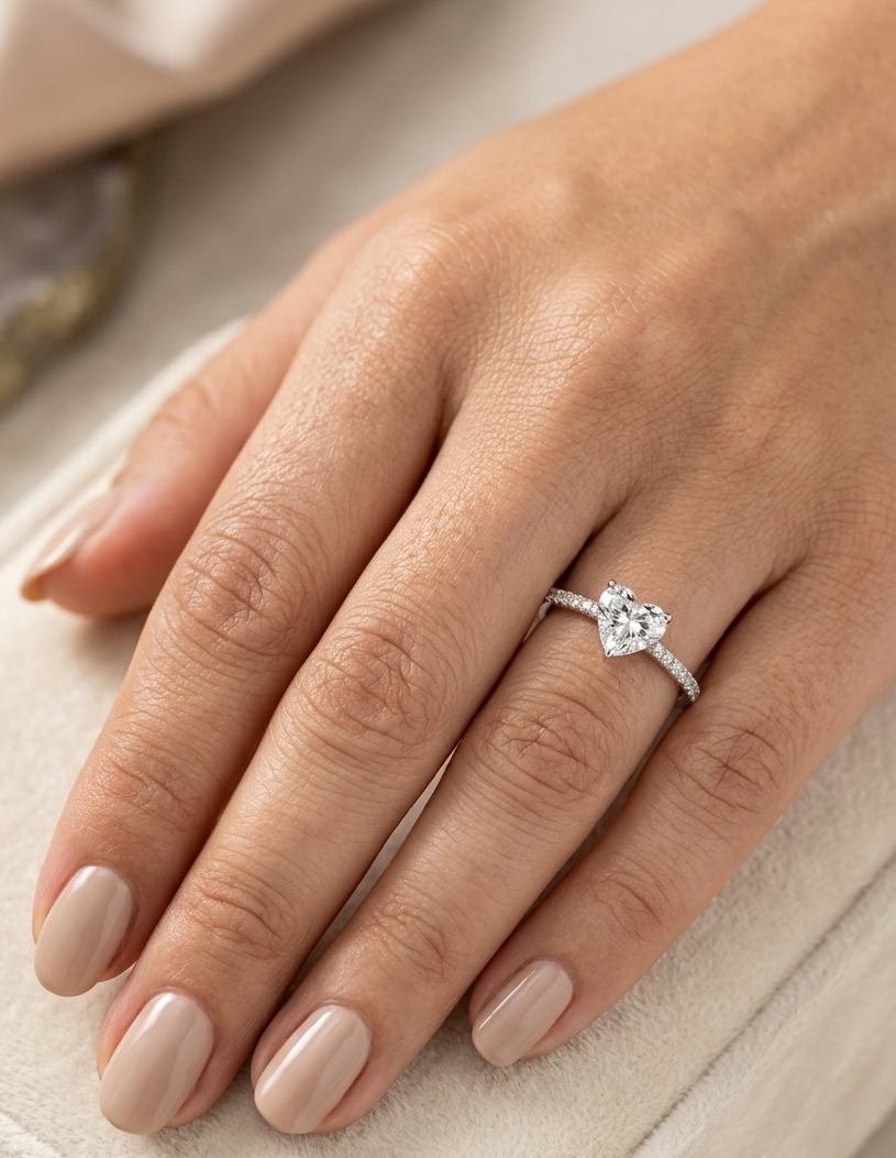 18K white gold heart shaped diamond engagement ring featuring a 0.90 carat IGI certified natural heart diamond with a pavé diamond band.