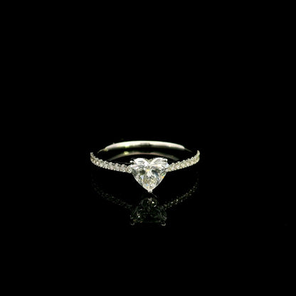 18K white gold heart shaped diamond engagement ring featuring a 0.90 carat IGI certified natural heart diamond with a pavé diamond band.