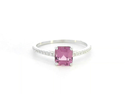 Radiant-cut rhodolite ring in 18K white gold with diamond pavé band – 1.09ct center, 0.15ct diamonds