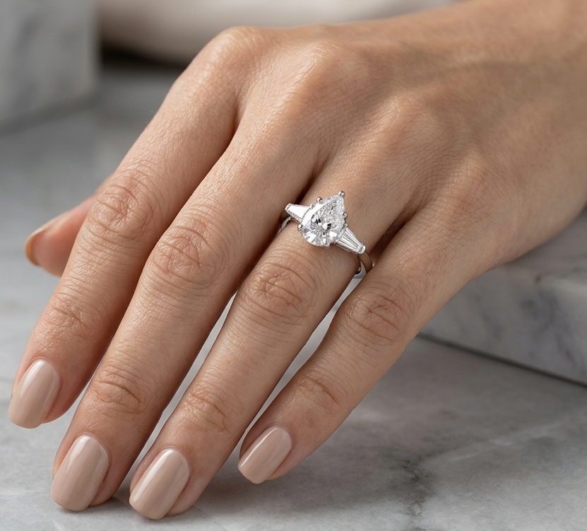 Natural 2.01 carat GIA certified pear-shaped diamond engagement ring in solid 18K white gold with 0.61 carats of tapered baguette side diamonds in a classic three-stone setting.
