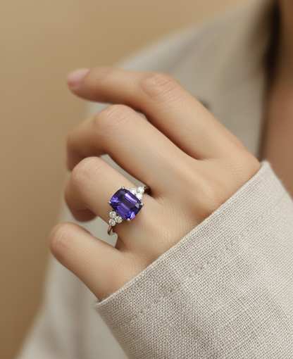 18K white gold tanzanite and diamond ring – 3.50ct oval tanzanite with diamond accents by Emirates Diamonds