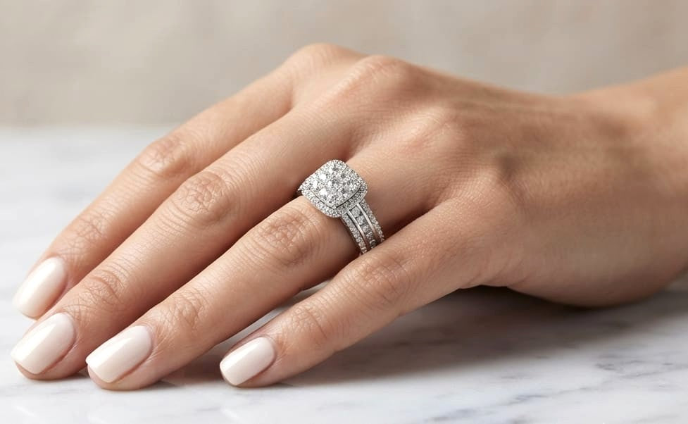 18K white gold diamond cluster engagement ring featuring a 0.58 carat natural diamond cushion-shaped halo and split-shank pavé band.