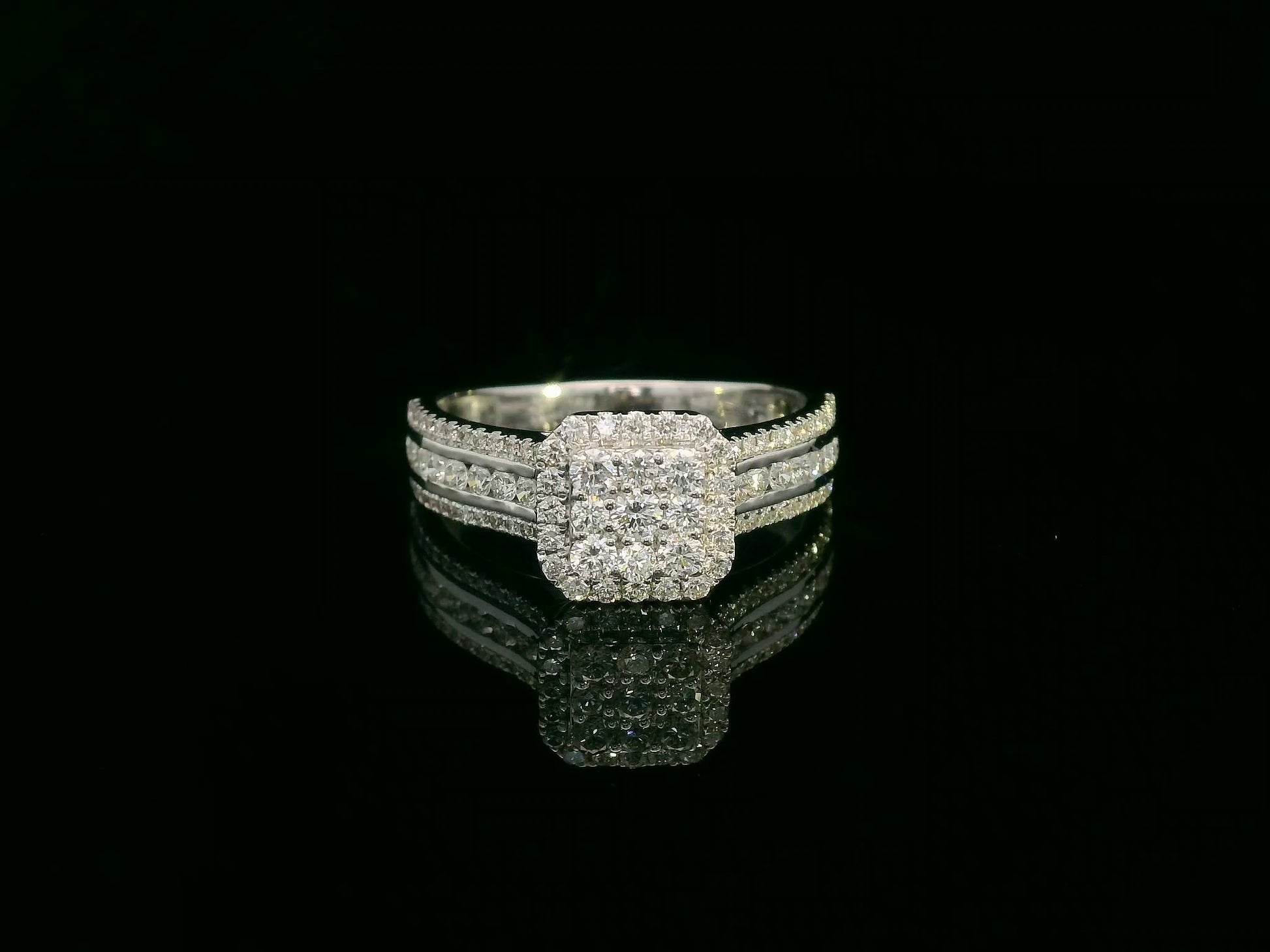 18K White Gold Diamond Cluster Engagement Ring with Triple-Row Band, 0.58 CTW