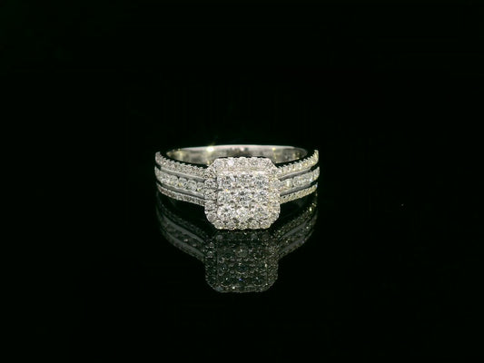 18K White Gold Diamond Cluster Engagement Ring with Triple-Row Band, 0.58 CTW