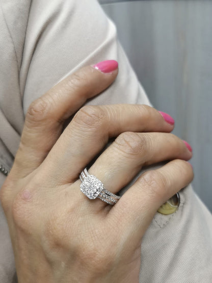 18K White Gold Diamond Cluster Engagement Ring with Triple-Row Band, 0.58 CTW