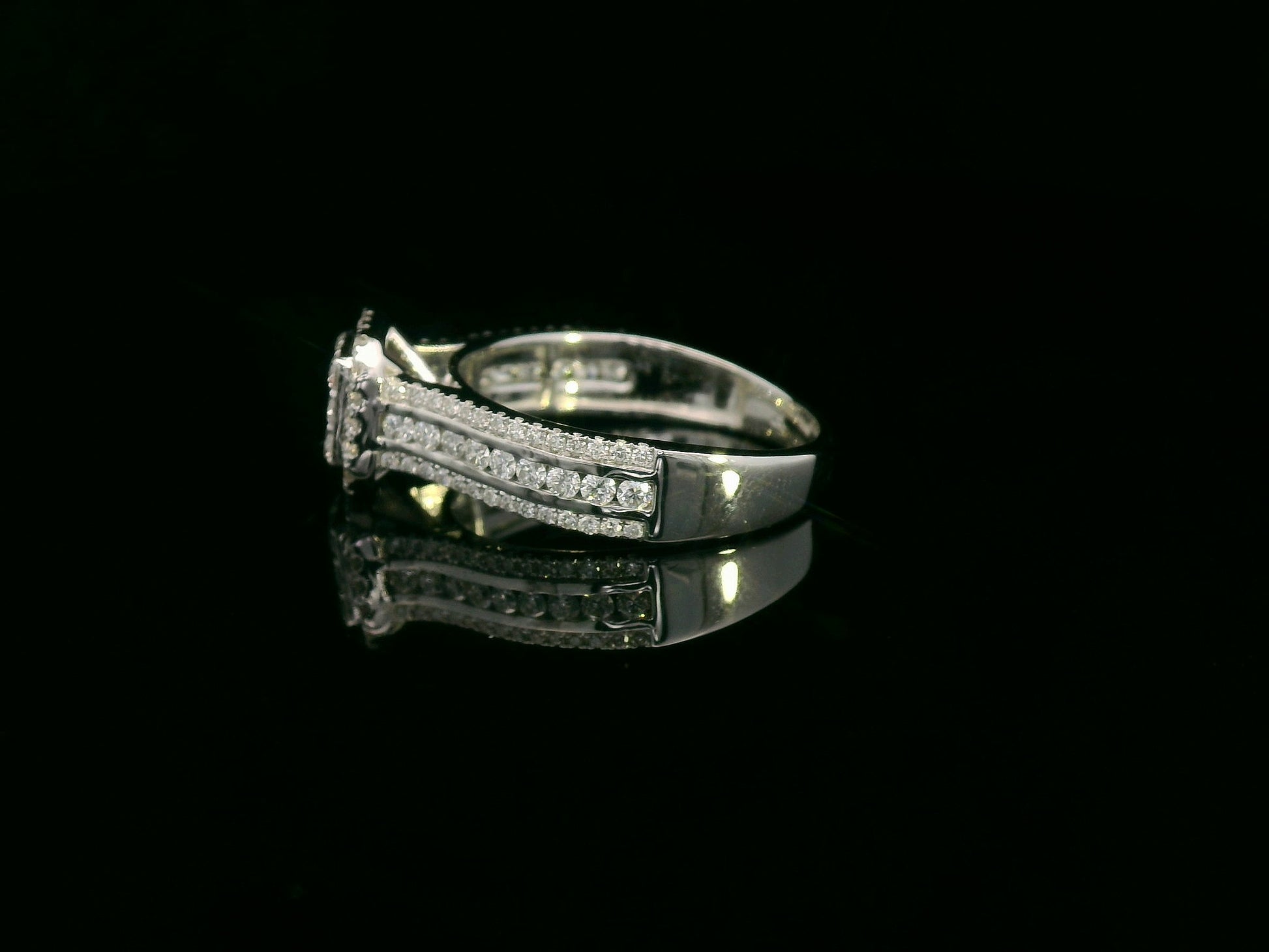 18K White Gold Diamond Cluster Engagement Ring with Triple-Row Band, 0.58 CTW