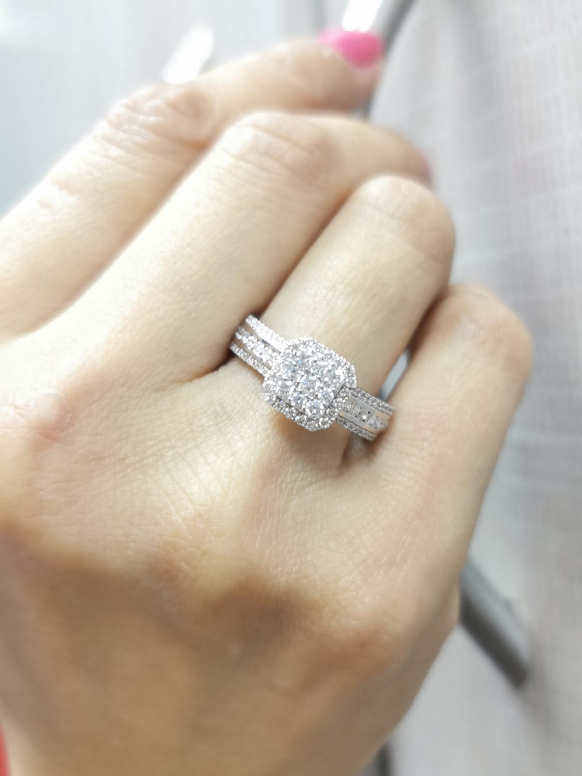 18K White Gold Diamond Cluster Engagement Ring with Triple-Row Band, 0.58 CTW