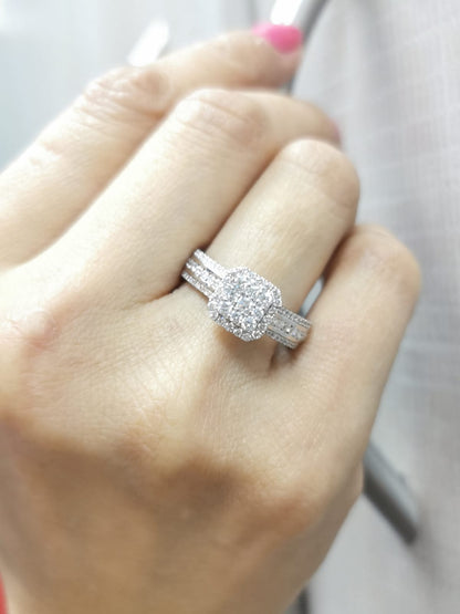 18K White Gold Diamond Cluster Engagement Ring with Triple-Row Band, 0.58 CTW