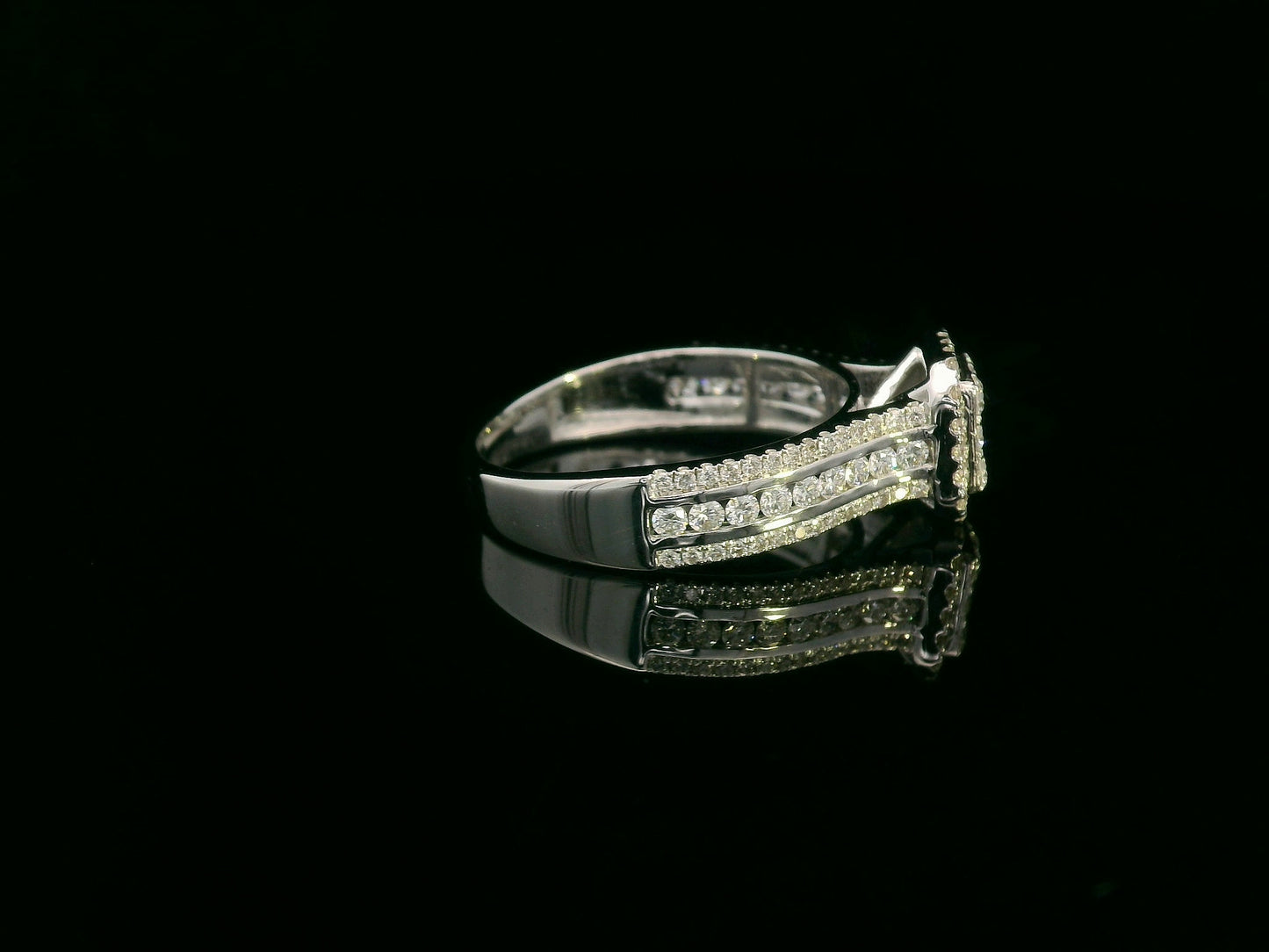18K White Gold Diamond Cluster Engagement Ring with Triple-Row Band, 0.58 CTW