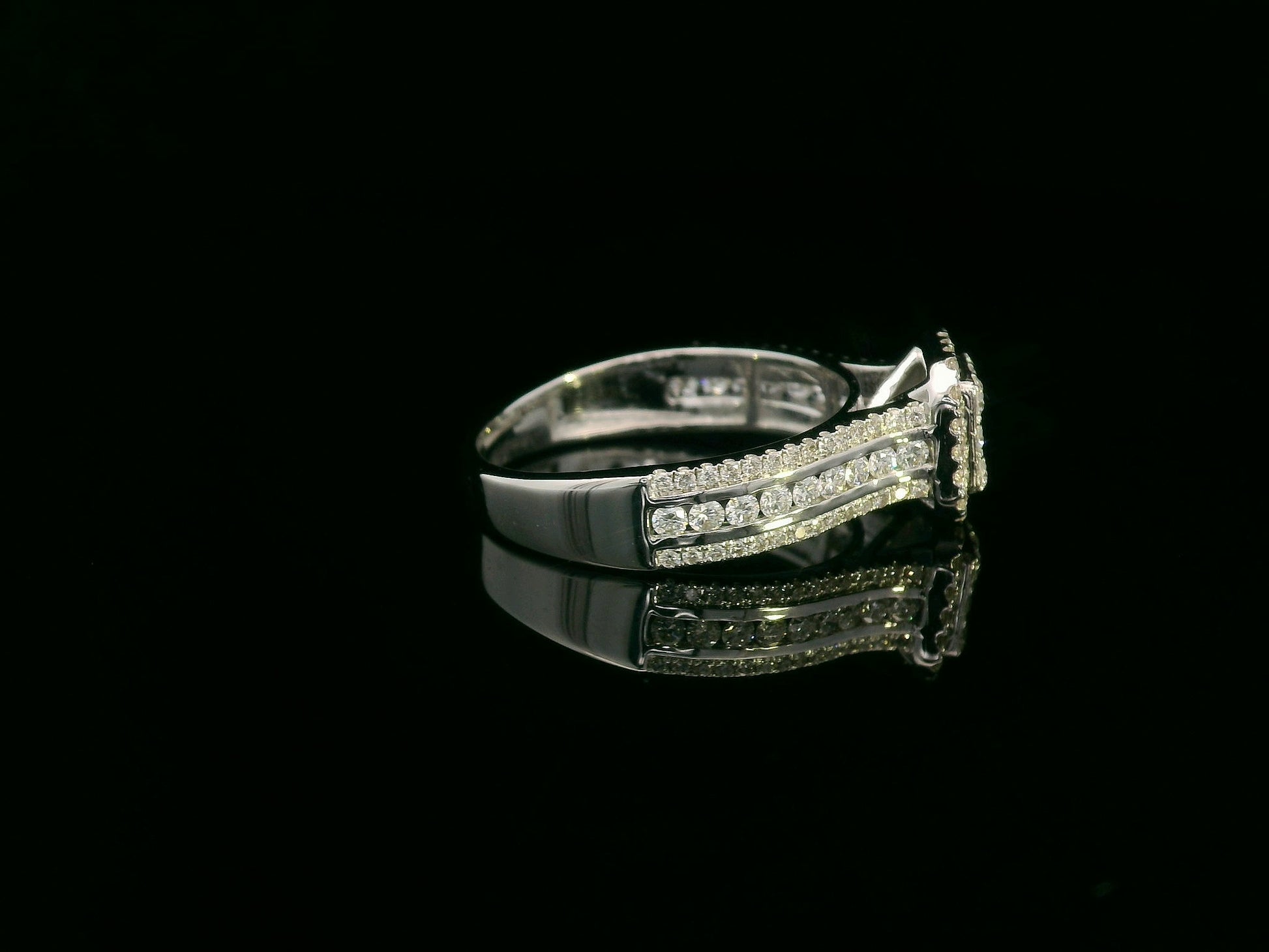 18K White Gold Diamond Cluster Engagement Ring with Triple-Row Band, 0.58 CTW