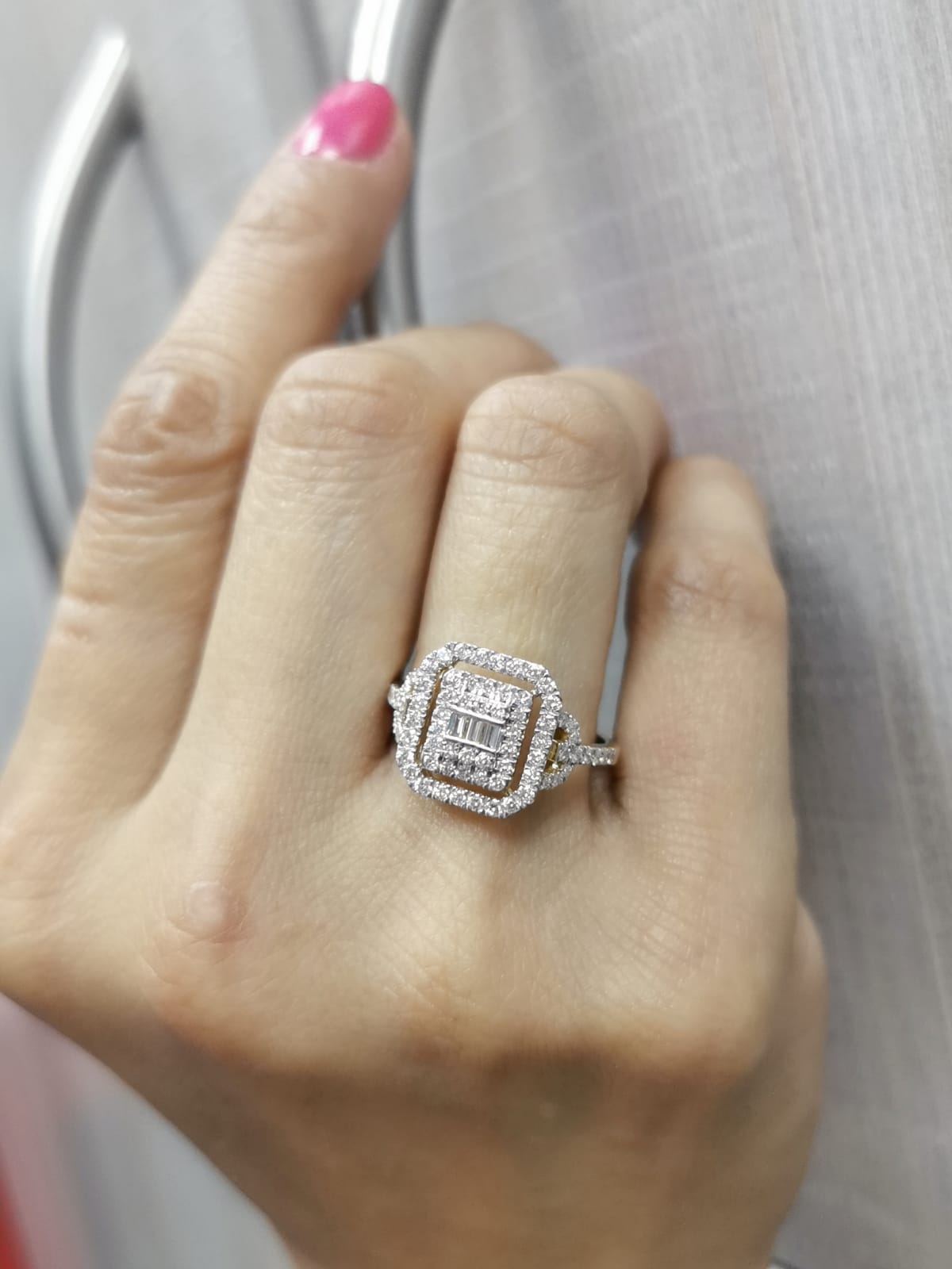 18K Yellow Gold Geometric Diamond Cluster Halo Ring with 0.74 CTW Diamonds