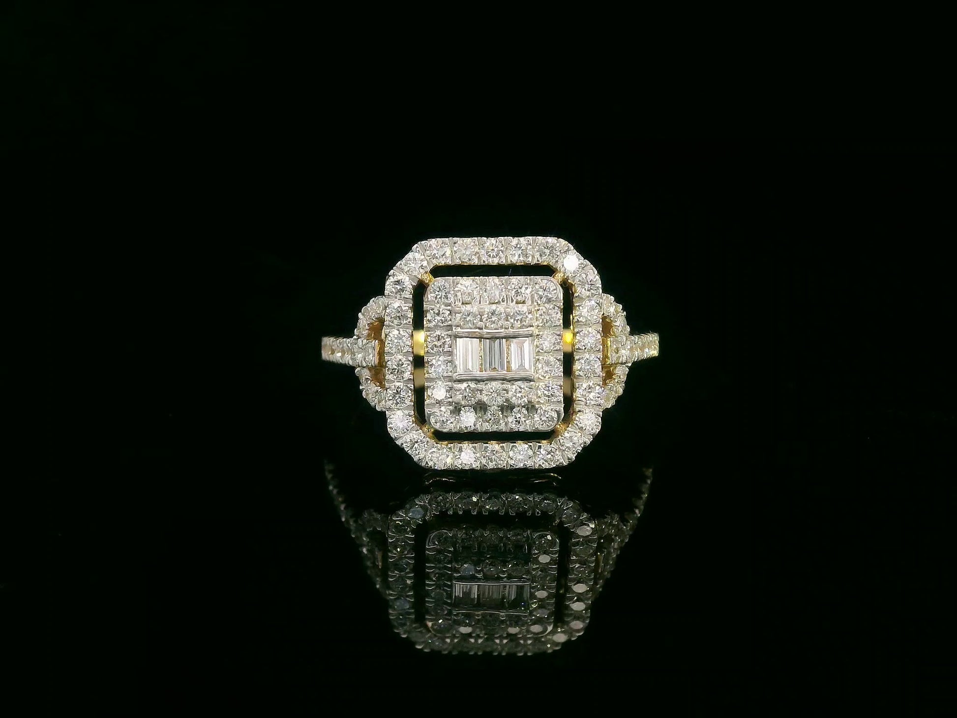 18K Yellow Gold Geometric Diamond Cluster Halo Ring with 0.74 CTW Diamonds