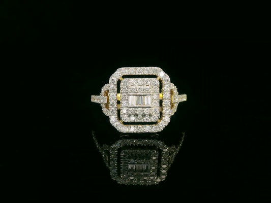 18K Yellow Gold Geometric Diamond Cluster Halo Ring with 0.74 CTW Diamonds
