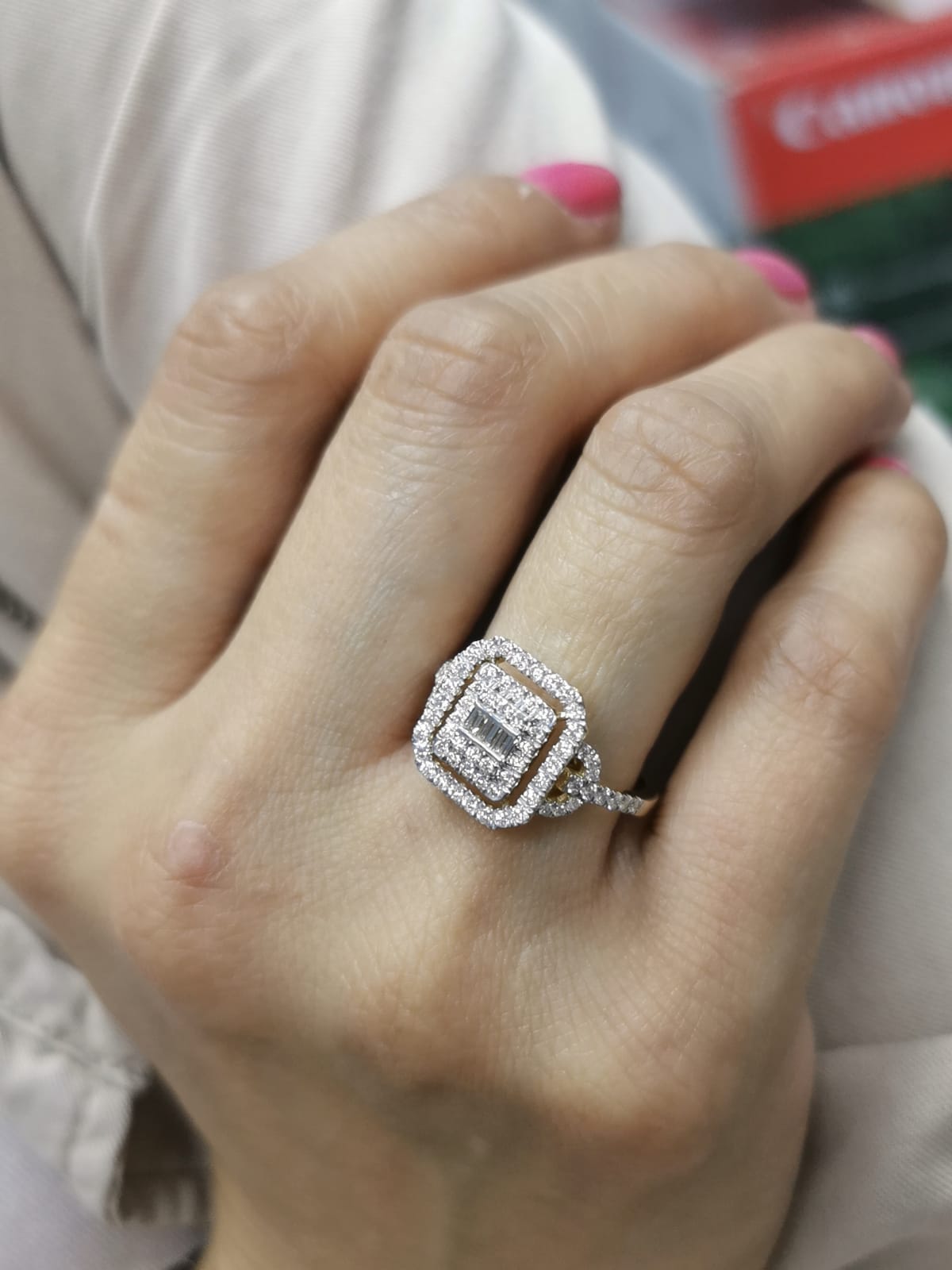 18K Yellow Gold Geometric Diamond Cluster Halo Ring with 0.74 CTW Diamonds