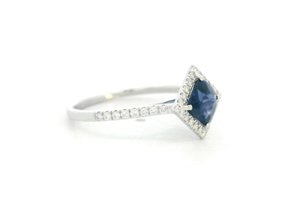 18K White Gold Blue Sapphire Ring with Diamond Halo –