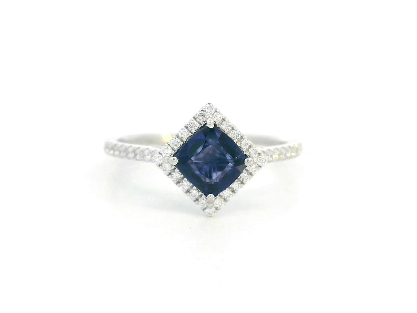 18K White Gold Blue Sapphire Ring with Diamond Halo –