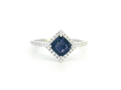 18K White Gold Blue Sapphire Ring with Diamond Halo –