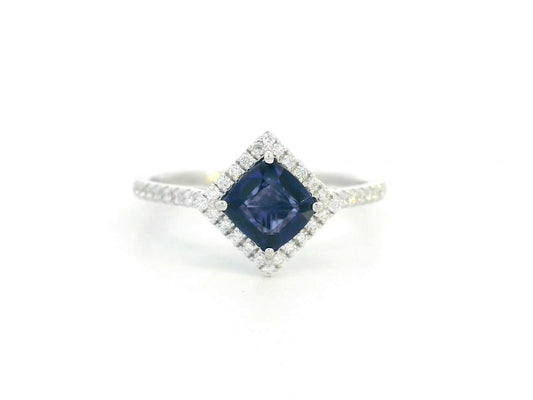 18K White Gold Blue Sapphire Ring with Diamond Halo –