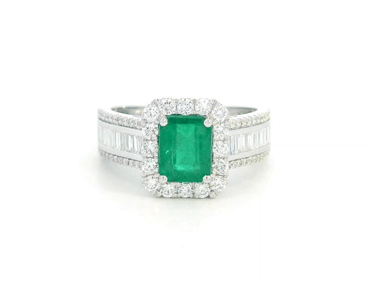 18K White Gold Emerald-Cut Emerald and Diamond Halo Ring with Baguette Accents