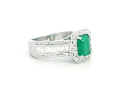 18K White Gold Emerald-Cut Emerald and Diamond Halo Ring with Baguette Accents