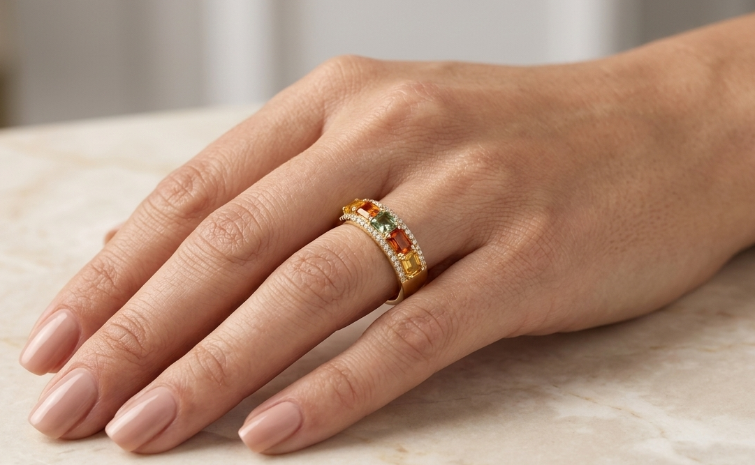 Natural multi sapphire ring in solid 18K yellow gold featuring 1.45 carats of emerald-cut rainbow sapphires with 0.15 carats of natural diamonds in an elegant gemstone band.