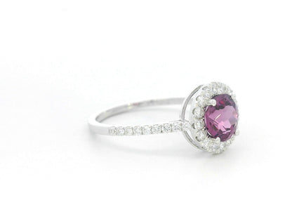Round Rhodolite halo ring in 18K white gold with diamond-accented band – 1.35ct center, 0.40ct total diamonds