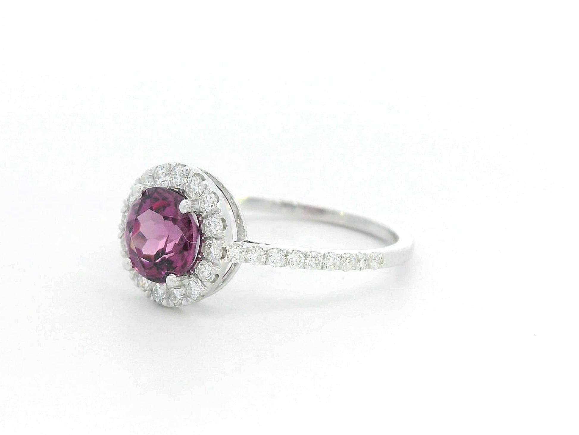 Round Rhodolite halo ring in 18K white gold with diamond-accented band – 1.35ct center, 0.40ct total diamonds