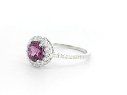 Round Rhodolite halo ring in 18K white gold with diamond-accented band – 1.35ct center, 0.40ct total diamonds