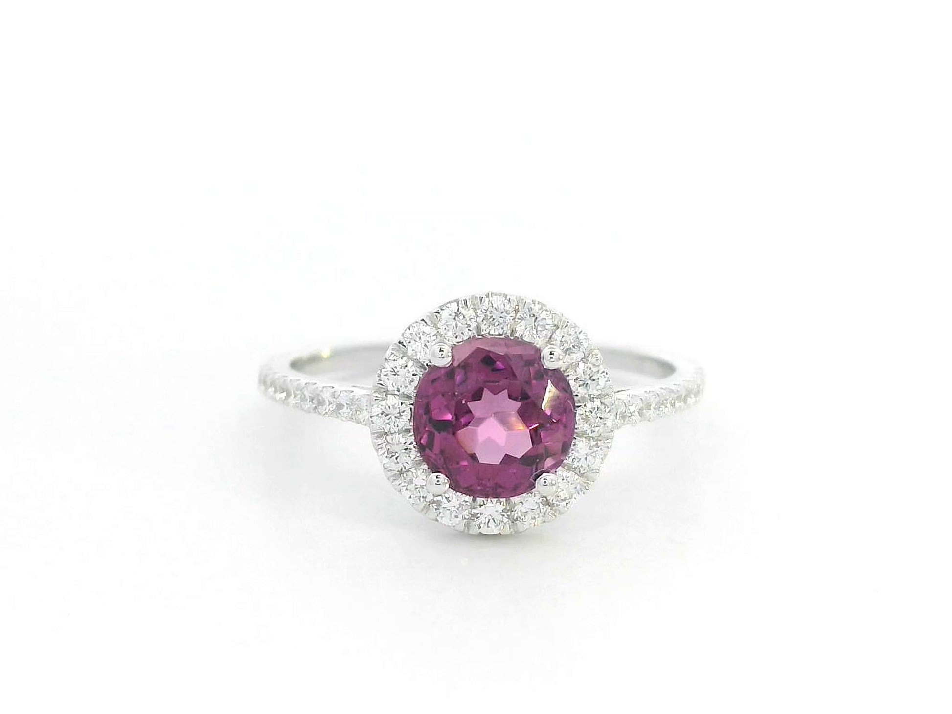 Round Rhodolite halo ring in 18K white gold with diamond-accented band – 1.35ct center, 0.40ct total diamonds