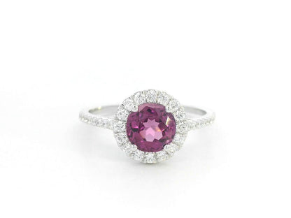 Round Rhodolite halo ring in 18K white gold with diamond-accented band – 1.35ct center, 0.40ct total diamonds