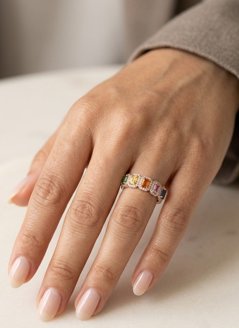 Rainbow Sapphire Ring in 18K Rose Gold with Diamond Halo | Multi Sapphire Band