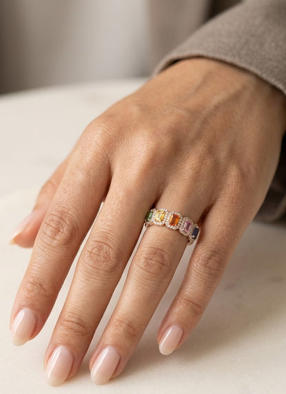 Rainbow Sapphire Ring in 18K Rose Gold with Diamond Halo | Multi Sapphire Band