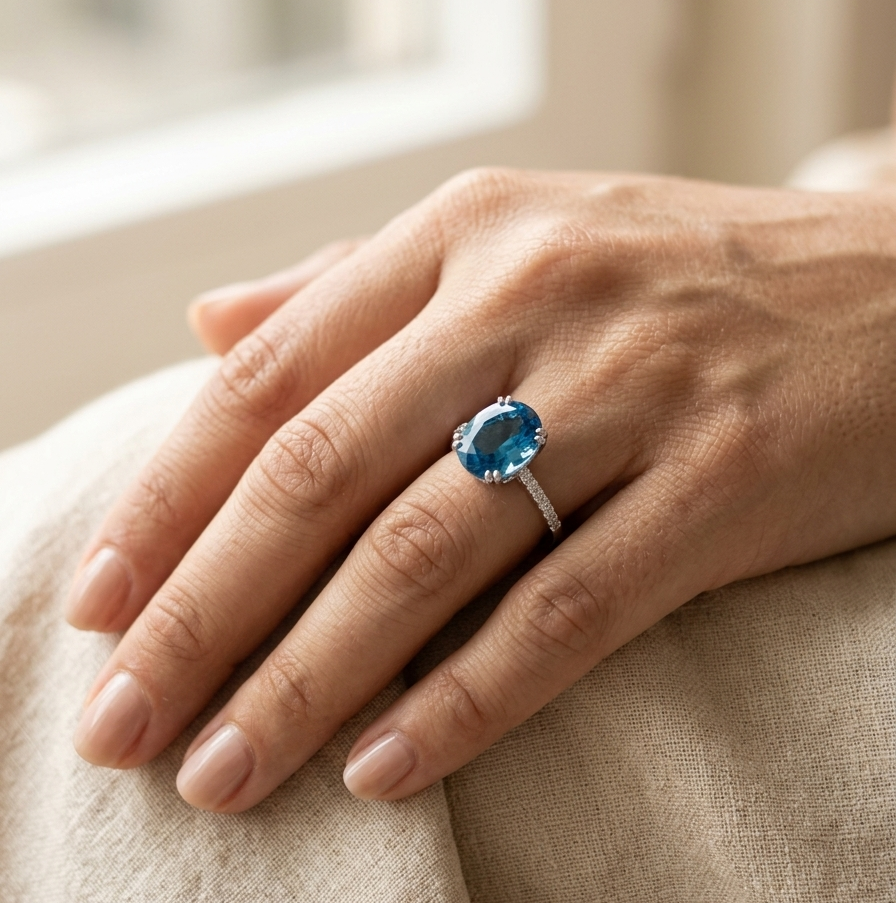 Swiss blue topaz diamond ring in 18K white gold oval cut