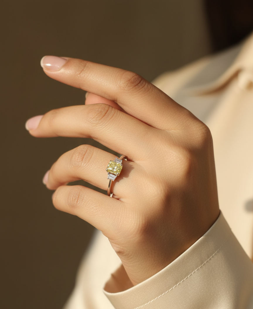 18K white gold fancy yellow radiant-cut diamond ring with tapered white diamond side stones – Emirates Diamonds.